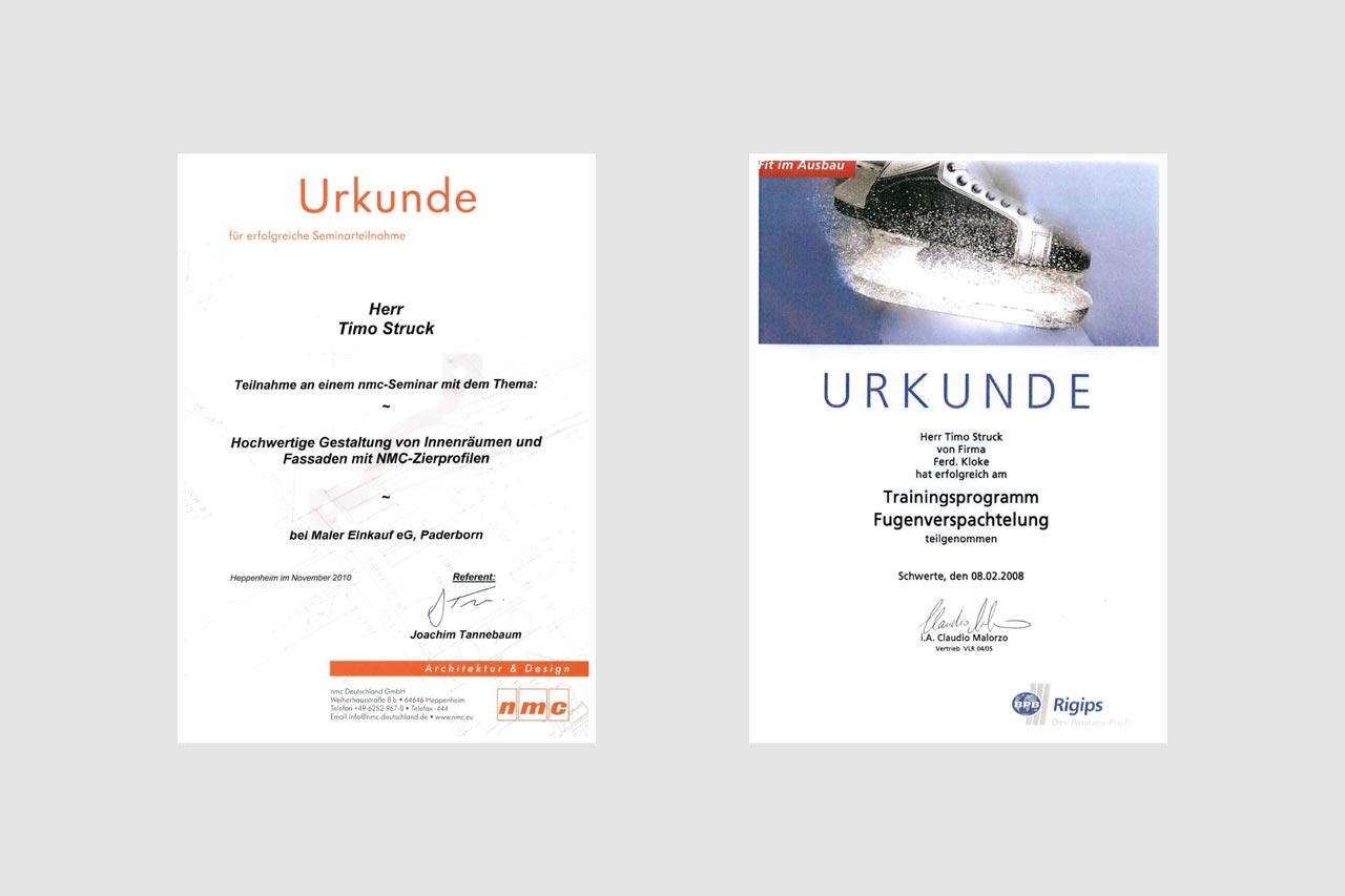 Timo Struck, Urkunde für hochwertige Innenraumgestaltung und Fugenverspachtelung